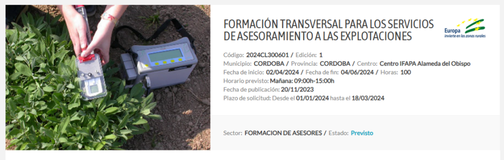 FORMACIÓN TRANSVERSAL PARA LOS SERVICIOS DE ASESORAMIENTO A LAS EXPLOTACIONES (del 02.04.2024 al 04.06.2024)